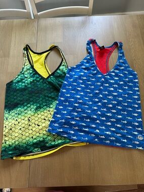 Pelagic Blue Marlin print & Green Yellow Fish-Scale Reversible Tank Tops